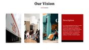 Three images in a horizontal row featuring a truck, office meeting, and delivery action, and a red sidebar description.