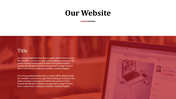 Red toned background with a laptop displaying a website, text content on the left, with white title area.