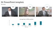 HR template featuring candidate images with percentages, a recruitment themed layout, and a bar graph for hiring statistics.