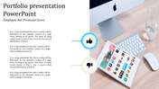Portfolio slide featuring a structured text section on the left and a workspace image with a tablet on the right.