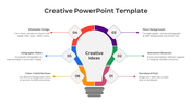 Creative PowerPoint template showcasing a light bulb design with six sections for creative ideas and tips.