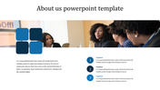 About us template with a team discussion image, four blue square graphics on the left, and three captions areas.