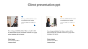Client testimonial slide with two professional photos, quote icons, testimonial text, and names with job titles below.