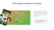 Technology slide with user avatars featuring a tablet, profile icons, and a gradient information box with four points.