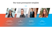 Our team PowerPoint template features four team members with their titles and names on a gradient backdrop.