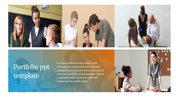 Portfolio slide with four images of diverse people collaborating, along with a text block in gradient colors.