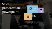 Slide with a dark background image of a person on a laptop, featuring infographic boxes highlighting shopping statistics.