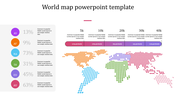 Slide featuring a world map with region data in colored dots, along with percentage stats and a bar chart for performance.