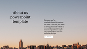 About Us PPT slide featuring a city skyline as the background, with text discussing the study of content.