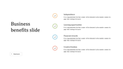Business benefits PPT slide with checkmarks and four key points from independence to creative freedom with placeholder text.