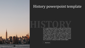 History themed slide with a dark text box featuring bold typography and a scenic city skyline at sunset.