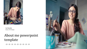 About me template with a split layout, showing two images of a woman painting on the right and left, alongside text. 