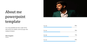 About me slide with text on the left, a portrait of a man in a dark suit on the right, and blue progress bars below.