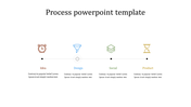 Process slide with evenly spaced icons in brown, blue, green, and yellow, connected by a subtle black line.