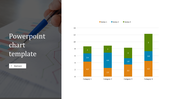 Chart template with a split layout, featuring a stacked bar chart on the right and a dark overlay with text and a button.
