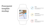 A mockup of a PowerPoint template displayed on a smartwatch, with icons for Design, Communication, and Analysis with icons.