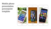 Mobile phone PowerPoint template featuring three smartphones displaying various apps and user interfaces.