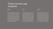 Minimalist business slide with white text on a dark background, displaying Mission, Vision, and Services in three columns.