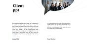 Client testimonial slide with text sections, names, and a speech bubble containing a group photo of business professionals.