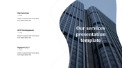 Services presentation template featuring key offerings in three sections with a sleek building image.