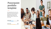 Portfolio template with a left aligned text section and two progress bars, with collaborative team images on the right.
