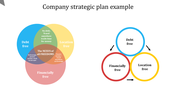 Company strategic plan example slide featuring two Venn diagrams with descriptive text in the overlapping sections.