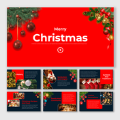 Christmas PowerPoint template with festive decorations, red background, and holiday themed slides.