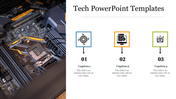 Split tech layout featuring a motherboard photo and three labeled icons with captions and numbers aligned horizontally.