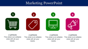 Marketing PPT slide with four numbered icons representing shopping, pricing, digital presence, and promotion with captions.