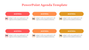 Agenda slide with six numbered sections, each in varying shades of red, orange, and yellow with text.