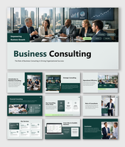 Business consulting presentation with strategy, financial planning, operations, services, and growth insights dashboards.