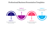 Business layout showing four colorful half circle segments with icons above or below caption text and dotted connectors.