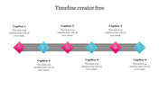 Modern horizontal timeline PPT template with six captions and color coded icons on a white backdrop.