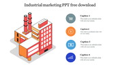 Industrial marketing slide featuring a factory graphic and four captions with icons for placeholder text.