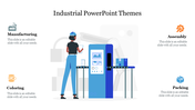 Industrial slide with worker at blue control machine, surrounded by icons for manufacturing, assembly, coloring, and packing.