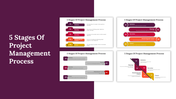 Four PPT slides showcasing the 5 stages of project management Initiation, Planning, Execution, Monitoring, and Closure.