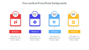 Four medical themed PPT slide backgrounds with icons for pills, a medical cross, a stethoscope, and a medical document.