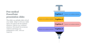 A medical themed PowerPoint slide with a syringe illustration and four colorful captions on a white backdrop.