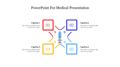 Medical PowerPoint template featuring a syringe infographic with four colored numbered sections with captions.