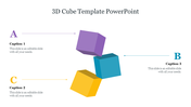 A 3D cube PPT template with three colorful cubes and text sections labeled A, B, and C with captions on a white backdrop.