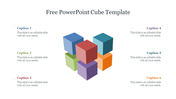 Cluster of six colorful 3D cubes arranged in a circular formation at the center, with caption areas on either side.