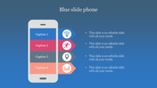 Phone slide layout with four sections in blue, red, gray, and orange containing icons and text, on a dark blue backdrop.