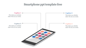 Smartphone-themed template featuring a 3D mobile device with a colorful app grid and four surrounding caption areas.