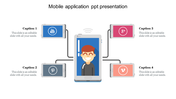 Mobile application PowerPoint slide with icons for YouTube, Pinterest, Google+, and Vimeo, connected by a smartphone.