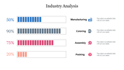Four horizontal progress bars in blue, grey, pink, and orange, paired with icons and text blocks.