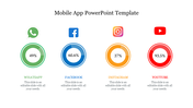 Mobile app PPT template with percentage data on WhatsApp, Facebook, Instagram, and YouTube, each with corresponding icons.