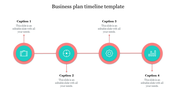Four step business plan timeline featuring icons for briefcase, target, gear, and chart with text boxes above and below.
