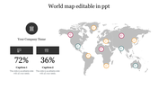 World map PPT slide with country markers, showcasing data percentages for a company with captions on a white backdrop.
