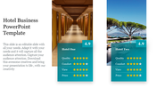 Slide featuring two hotel listings with images, ratings, and quality assessment in teal boxes side by side.