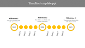 A horizontal timeline with three milestones labeled 2019, 2020, and 2021, each connected by goal markers.
